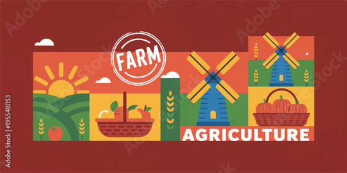 A vibrant illustration of a farm with windmills, baskets, and produce under a sunny sky, showcasing agriculture and rural life with various elements.