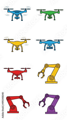 Collection of colorful drones and robotic arms for technology and automation concepts