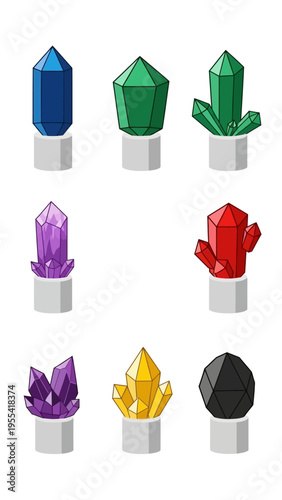 Collection of colorful faceted gemstones and crystals displayed on pedestals