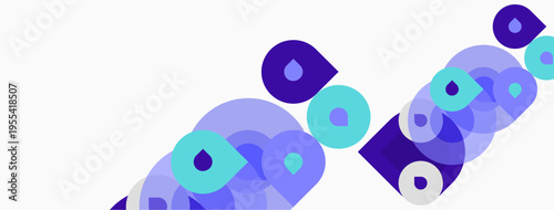 Abstract design features overlapping purple circles, creating layered visual effect. Light background emphasizes shapes, suggesting movement.