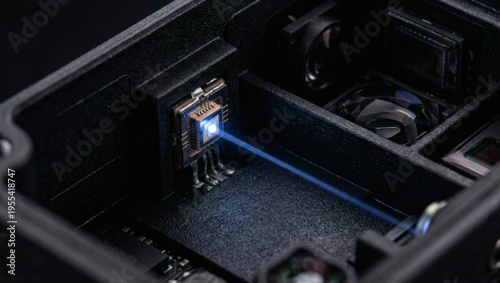 Extreme macro of a glowing blue laser emitter chip inside an optical sensor module with glass lenses