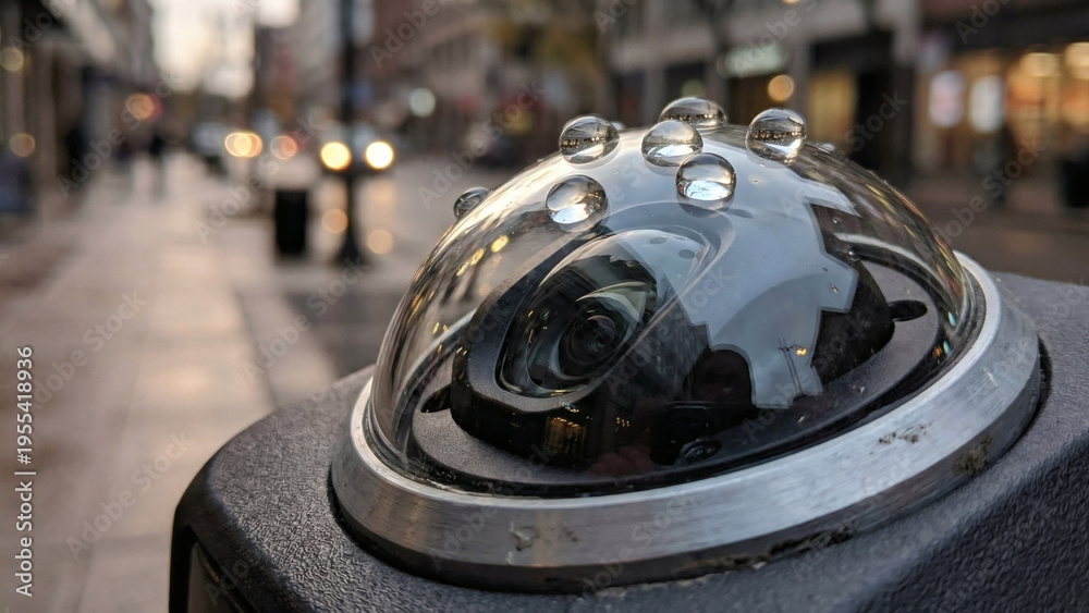 Fototapeta premium Macro photography of water droplets resting on the curved glass dome of an outdoor security camera in a city