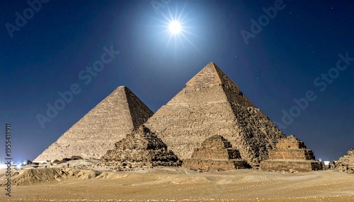 Egyptian Pyramids at Giza Majestic Ancient Structures Under the Moonlight Travel Destination Heritage Site.