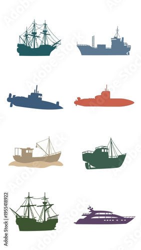 Collection of Diverse Ship and Boat Silhouettes Marine Vessels and Nautical Transportation Icons