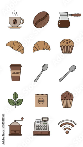 Collection of flat design icons representing coffee and bakery items a morning breakfast theme