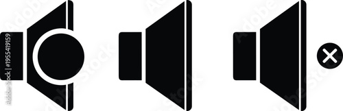 Vector set of speaker and volume control icons including mute, low, and high sound symbols isolated on white background for multimedia interface and digital app design.