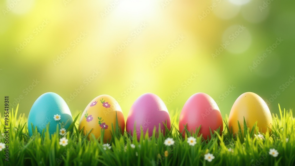 Fototapeta premium three painted easter eggs on green grass meadow with sunlight spring background with copy space