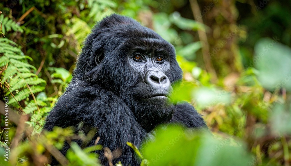 Fototapeta premium Majestic Mountain Gorilla Portrait in Lush Green Forest Habitat Conservation Awareness Wildlife Protection.