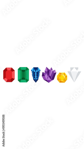 Collection of six colorful gemstones arranged in a line showcasing various shapes and vibrant colors