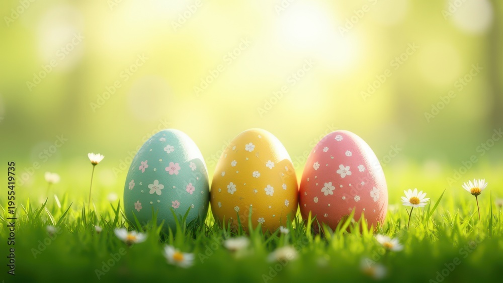 Fototapeta premium three painted easter eggs on green grass meadow with sunlight spring background with copy space
