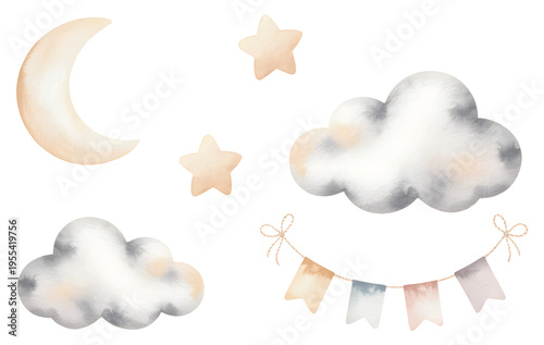Watercolor nursery sky elements with crescent moon, clouds and stars.