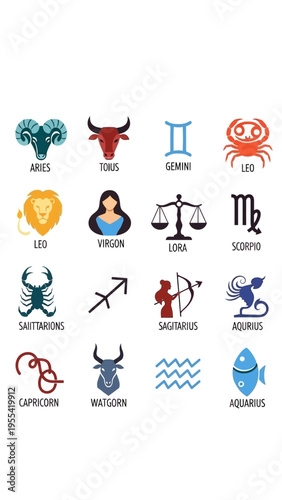 Collection of Zodiac Signs and Symbols Celestial Astrology Icons Vector Illustration