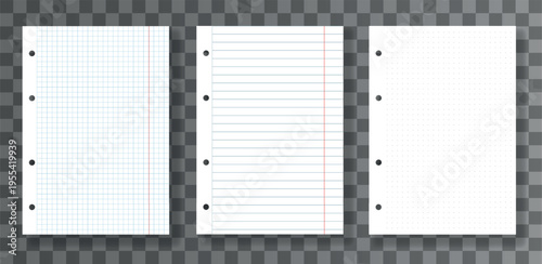Set of realistic white paper sheets with holes for binder squared, lined and dot grid paper pages isolated on transparent background. Vector paper