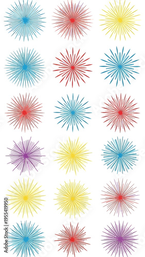 Colorful Bursting Starbursts and Fireworks Elements in Various Vibrant Hues