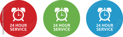 24 Hour Service Icon Set with Alarm Clock Symbols in Circular Badges for Customer Support Availability, Business Operations, and Emergency Assistance Design