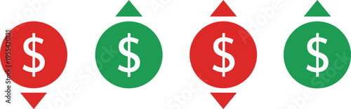 Currency Trend Icon Set with Dollar Symbols and Up Down Arrow Indicators for Financial Market Analysis, Investment Growth Concepts, and Economic Design
