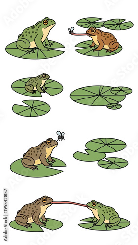 Cute cartoon frogs on lily pads interacting in various amusing scenarios