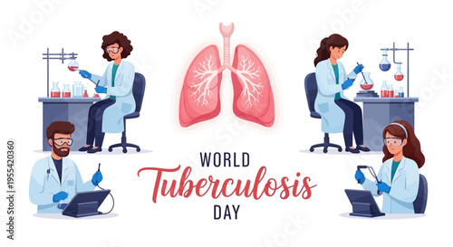 Illustration of medical professionals working on tuberculosis prevention concept for World Tuberculosis Day awareness campaign with a stop TB theme.
