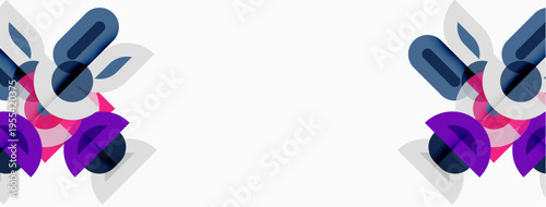 Abstract floral design. Geometric shapes create stylized blooms, purple, pink hues dominate white background. Minimalist, modern aesthetic.