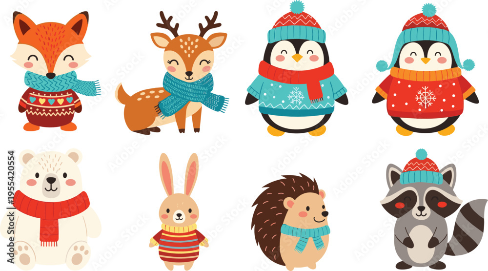 Fototapeta premium Cute winter animals illustration set with fox deer penguin bear rabbit hedgehog and raccoon in warm clothes collection