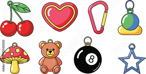 Cute keychain charms illustration set with cherry heart carabiner mushroom teddy bear billiard ball star and colorful accessories collection