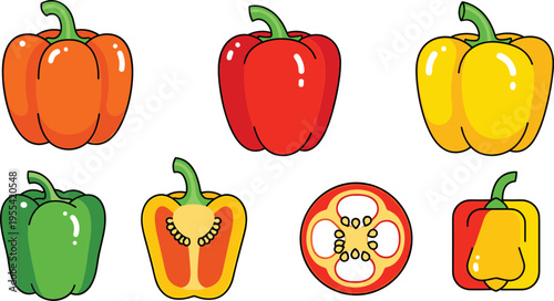 Bell pepper vegetable illustration set with red yellow green orange capsicum whole and sliced fresh food elements collection