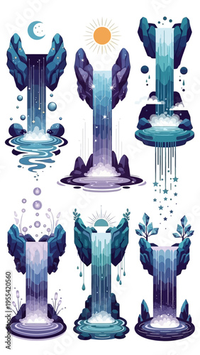 Enchanting Waterfall Illustrations Featuring Celestial Elements and Nature's Beauty