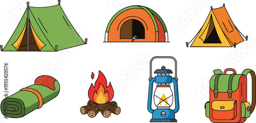 Camping equipment illustration set with tents backpack lantern campfire sleeping mat and outdoor adventure gear collection