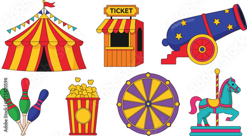 Circus carnival illustration set with tent ticket booth cannon popcorn wheel bowling pins and carousel horse festive elements collection