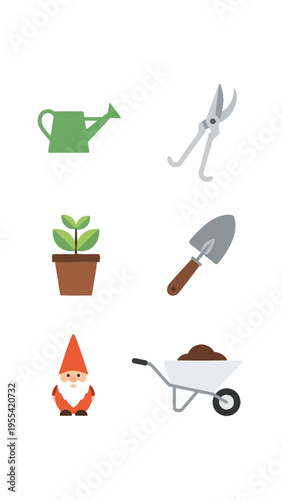 Gardening Tools Icons Set With Watering Can Plant Gnome and Wheelbarrow Illustrations