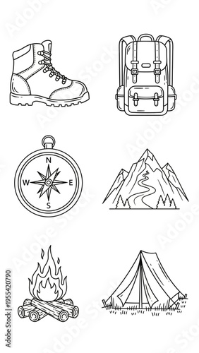 Hand Drawn Icons Representing Camping and Outdoor Adventure Activities and Gear