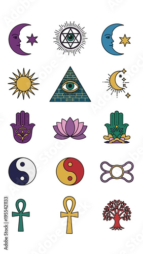 Mystical Symbols and Spiritual Icons Collection representing various ancient and modern belief