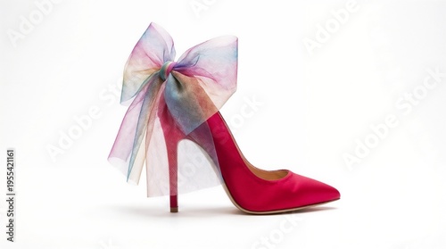High-fashion fuchsia pink satin stiletto heel with oversized rainbow tulle bow isolated