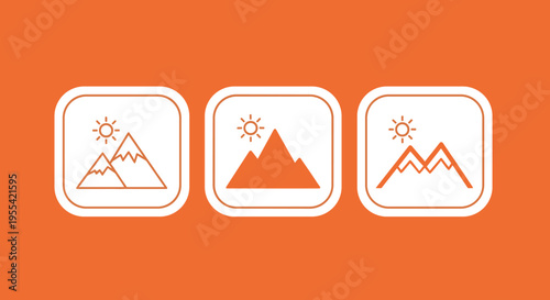 Mountain Landscape Line and Solid Icon Collection with Sun Nature Symbols for Travel Tourism Adventure Branding, Outdoor Exploration Interfaces, and Environmental Graphic Design