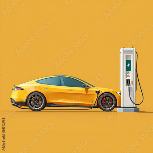 Modern electric car charging at sleek green energy station, futuristic urban scene