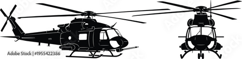 Military helicopter silhouette vector, combat aircraft side and front view, aviation transport chopper illustration isolated on white background