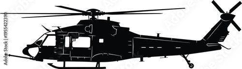 military helicopter silhouette, combat chopper aircraft, aviation transport, air force vehicle, isolated black helicopter illustration, defense technology, flying machine concept