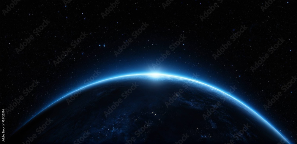 Obraz premium Glowing blue Earth curvature and starry sky in dark space