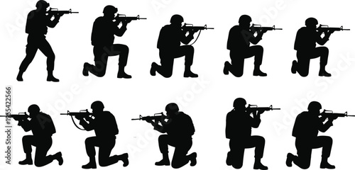 Military soldier aiming rifle silhouettes collection, army infantry troops in kneeling shooting positions, tactical combat illustration set