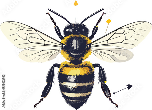 Bee Anatomy Educational Poster — Labeled Parts & Pollination Arrows