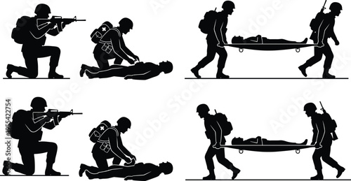 Military soldier medic rescuing wounded teammate battlefield evacuation stretcher combat casualty care tactical army rescue silhouette set illustration
