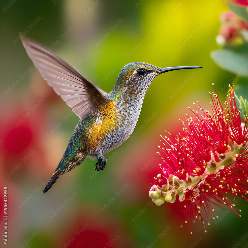 Fototapeta premium Hummingbird in mid-flight near vibrant red tropical flower, high-speed motion blur effect