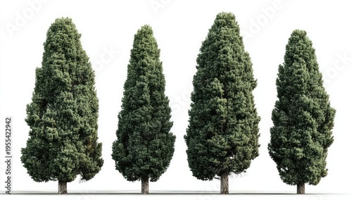 Four Green Cypress Trees Isolated on White Background.