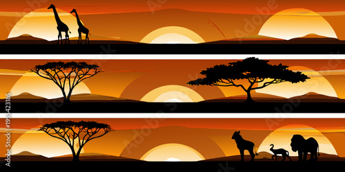 African savanna landscape with giraffes elephants and a vibrant sunset