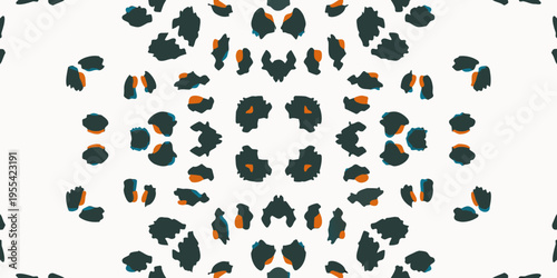Abstract leopard print pattern with teal black and orange spots
