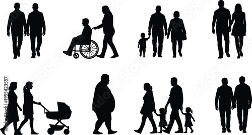 people, family, silhouettes, walking, couple, children, wheelchair, stroller, diversity, community, lifestyle, human, together, support, care, social, isolated, black, white, vector