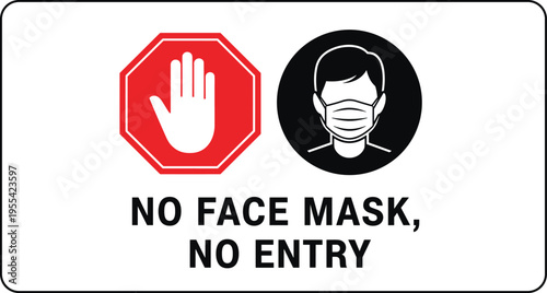 No Face Mask No Entry Sign with Stop Hand Symbol and Masked Person Icon, Health Safety Warning Notice for Public Buildings and Workplaces