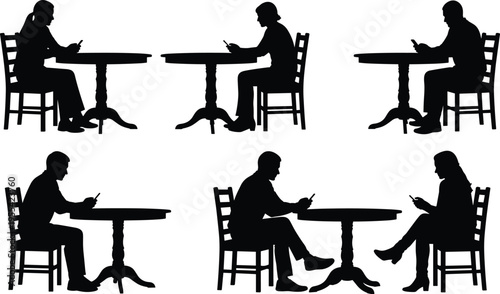 people, smartphone, communication, silhouette, social, media, technology, texting, isolation, digital, lifestyle, cafe, sitting, connection, online, behavior, modern, black, white, vector
