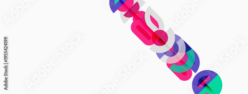 Abstract colorful shapes form diagonal line. Vibrant hues blend, creating modern visual impact. Minimalist design, clean background.