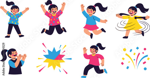 Happy kids celebration illustration set with jumping dancing clapping running children and festive party elements colorful cartoon characters